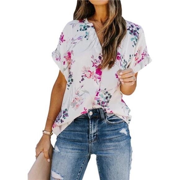 Women Summer Casual Split V Neckline Chiffon Blouses Loose TunicShort SleeveTops - Picture 2 of 6